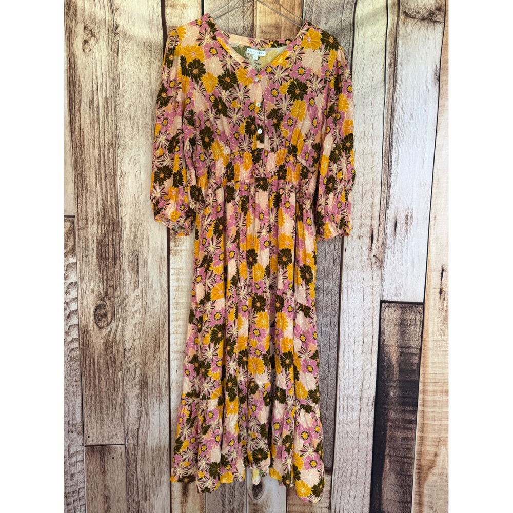 Baltic Born Noa Tiered Midi Dress Floral Pink Mustard Boho Vacation Resort Large